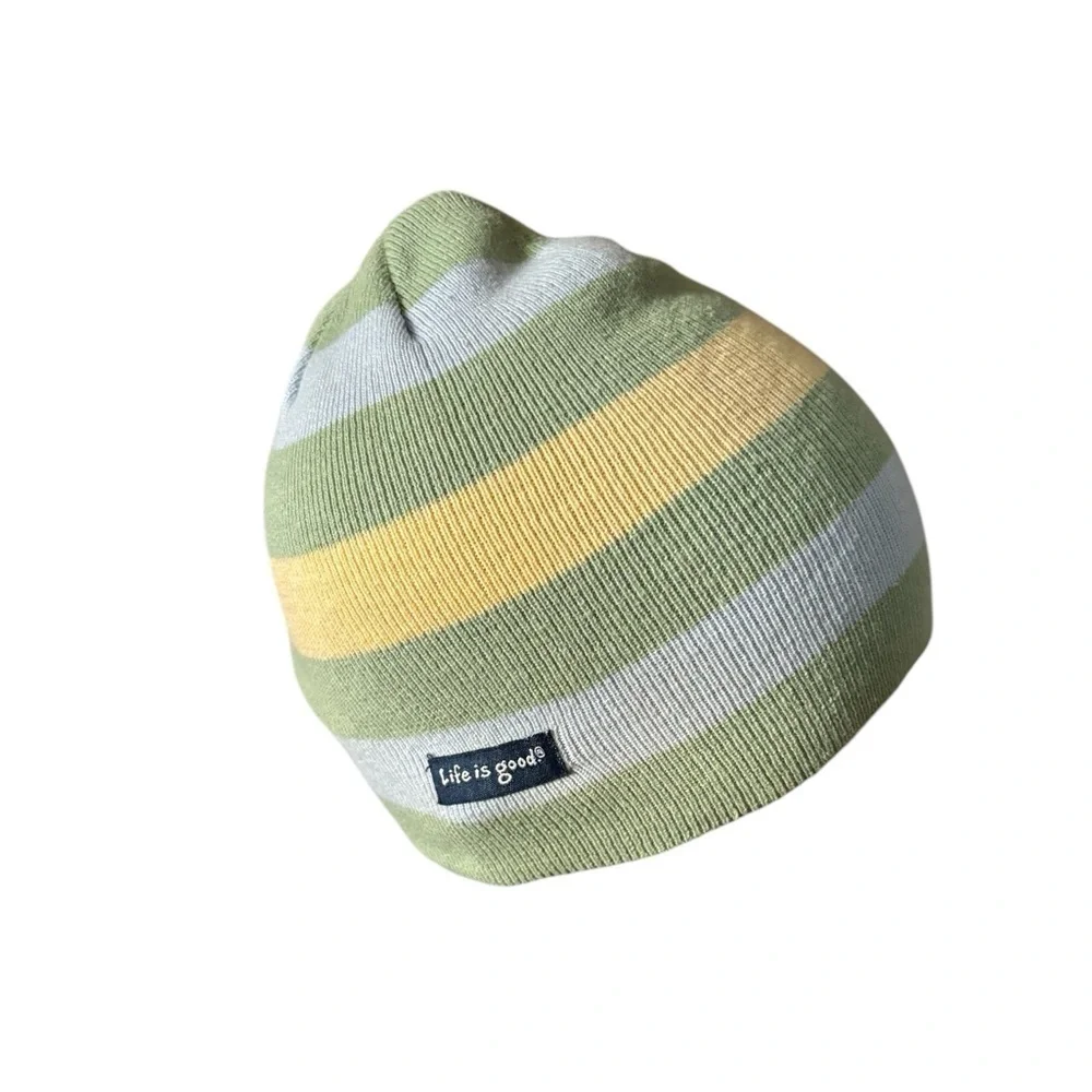 Life is Good Unisex Green Yellow Beanie Cotton Stretch With Logo Winter Cozy